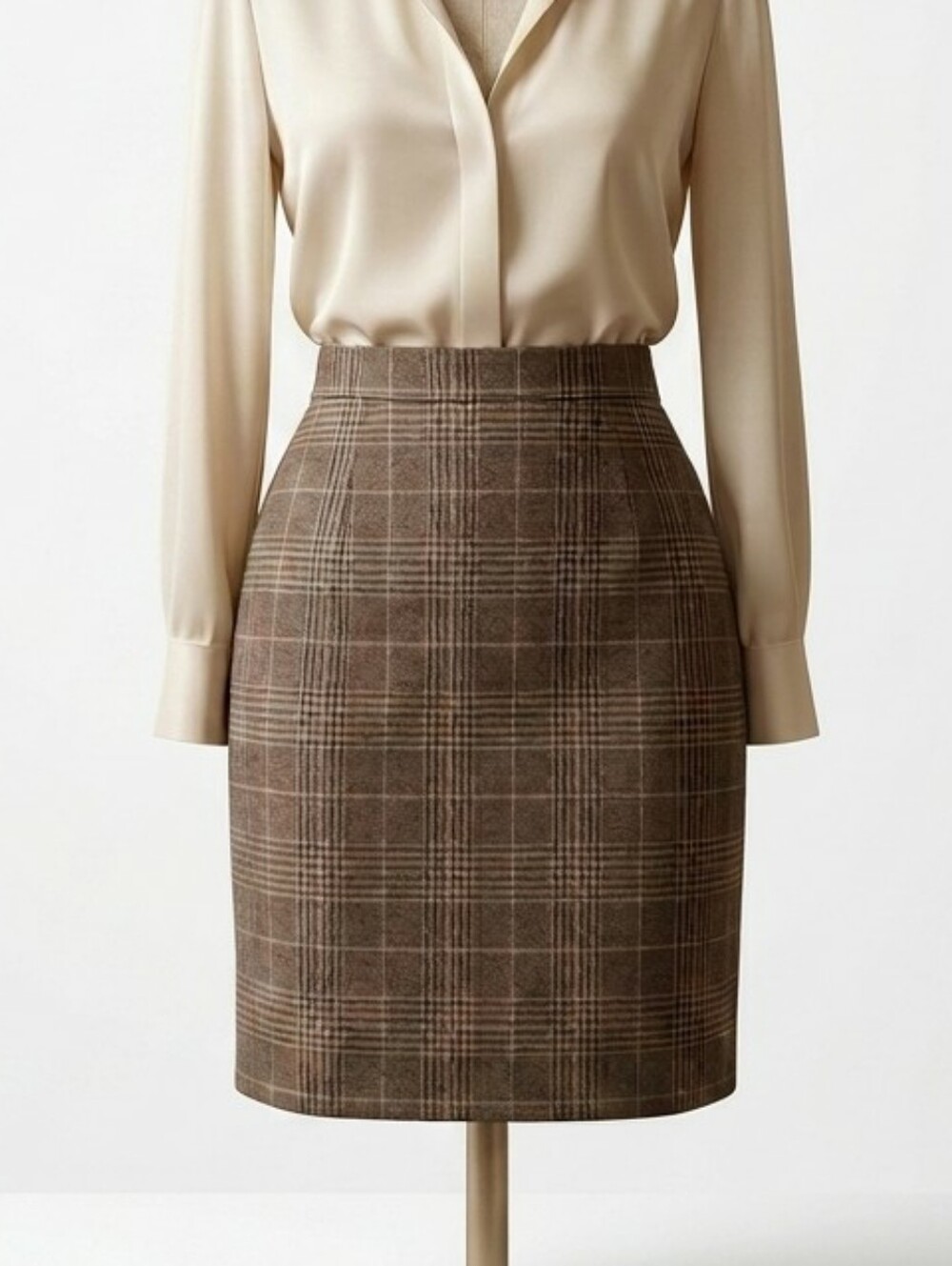 Vintage Houndstooth Plaid Pencil Skirt Brown Tan Green Preppy Sz 8 Dark Academia